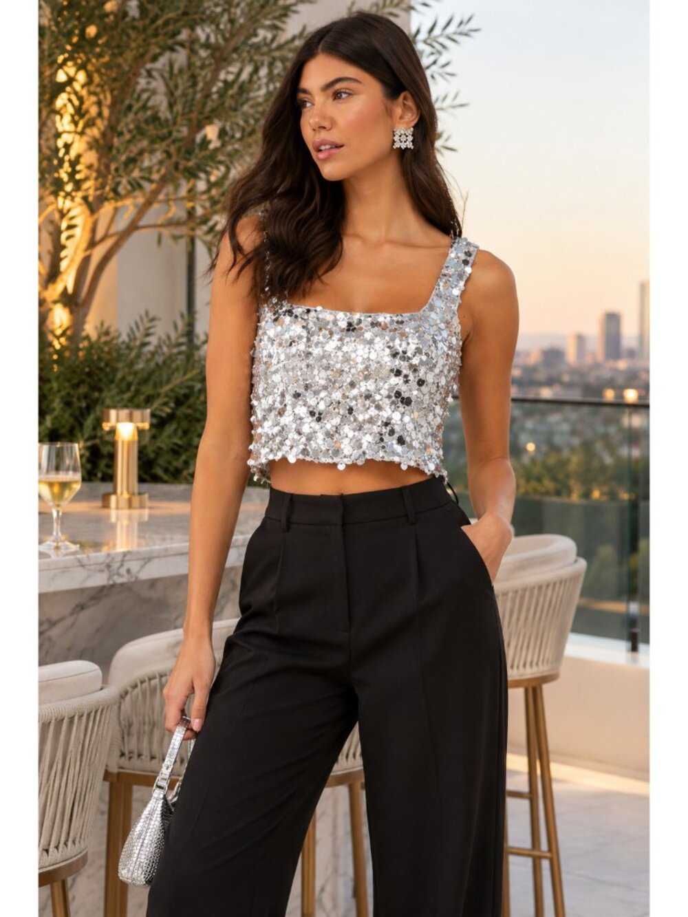 Show Me Your Mumu Tara Top Silver Metallic Sequin Wide Strap Party Holiday M